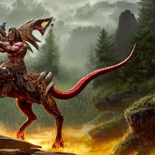 Prompt: panoramic photo of arnold schwarzenegger as conan the destroyer, mounted on a red dragon with yellow eyes, wearing ancient barbarian armor, sharp focus on ultra detailed face, hyper realistic, forest temple in the background, digital painting, box art illustration trending pixiv fanbox by wlop and greg rutkowski and caravaggio and rosa bonheur and william harnett and boris vallejo