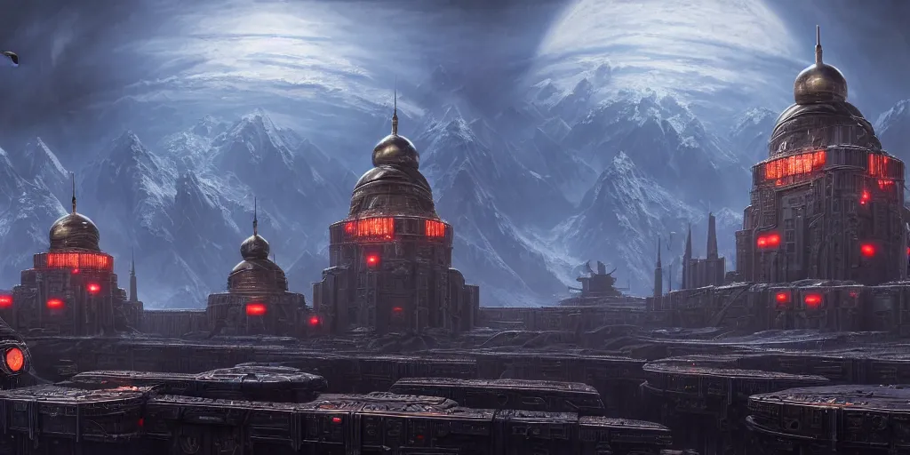 Prompt: a beautiful highly detailed matte painting of a huge imperial Russian futuristic brutalist palace, snow capped mountains in the background, black domes and radio spires with blinking lights, Space Hulk, WarHammer 40k by Jose Daniel Cabrera Pena and Leonid Kozienko, concept art-H 640