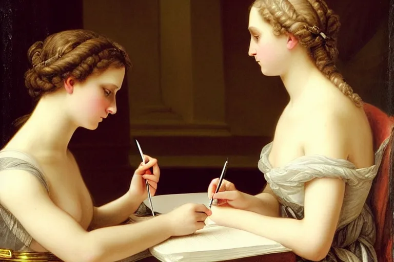 Prompt: 1 8 1 0 s annasophia robb writing a letter by vittorio reggianini, bright lighting, perfectly detailed eyes, beautiful hands, pale skin, clear face