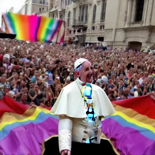 Prompt: pope Francis dressed like a drag queen at the gay pride parade, singing and dancing
