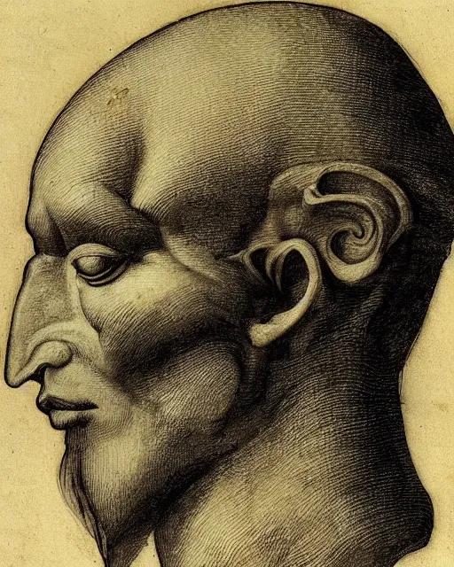 Image similar to head with three faces creature, drawn by da vinci