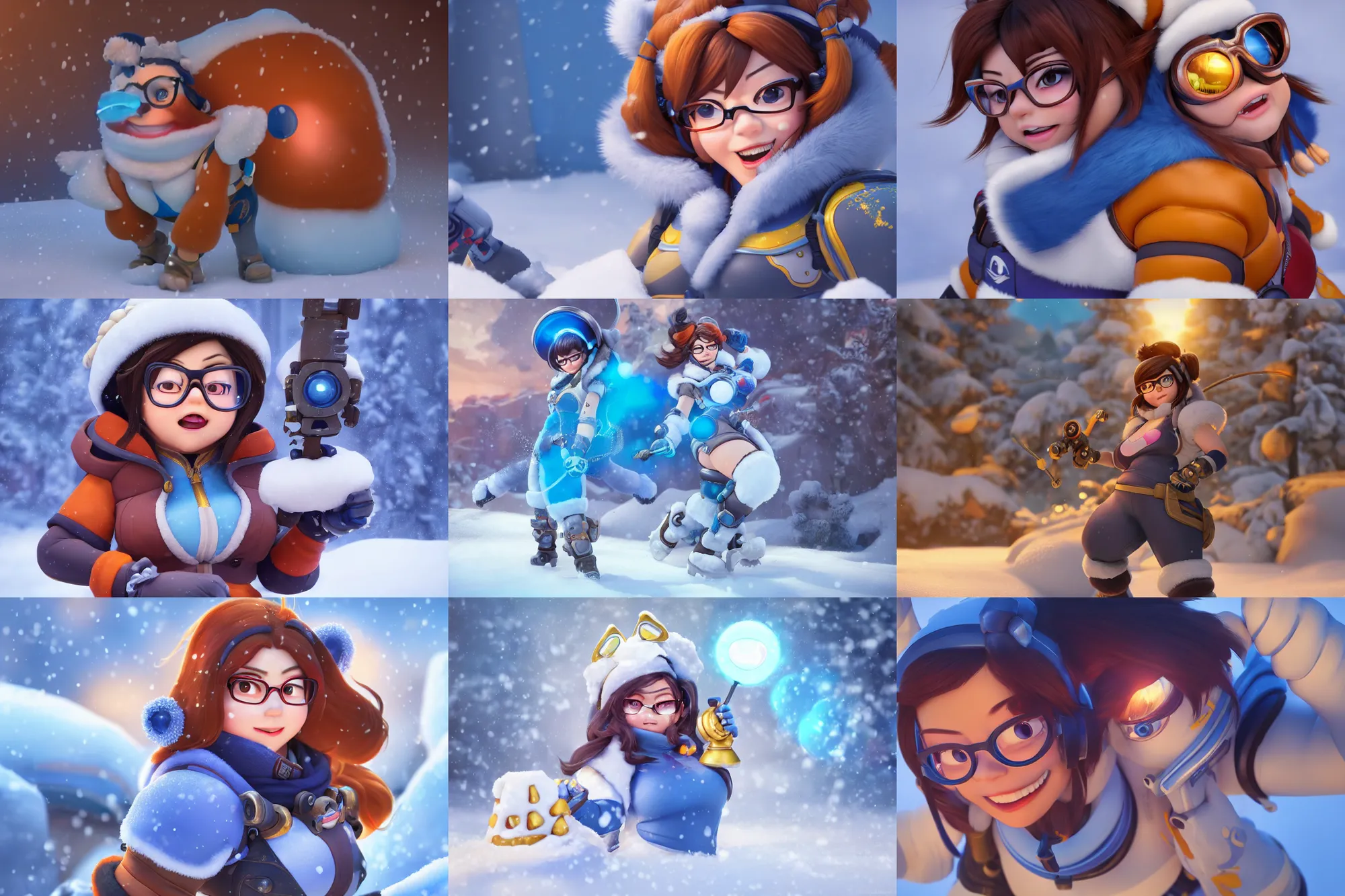 Prompt: hyperdetailed mei from overwatch as a disney pixar character, hd texture, beautiful 3D render, 8k, octane render, soft lighting, hyperrealistic, in the snow, sharp focus, golden hour, specularity, Mei-Ling Zhou