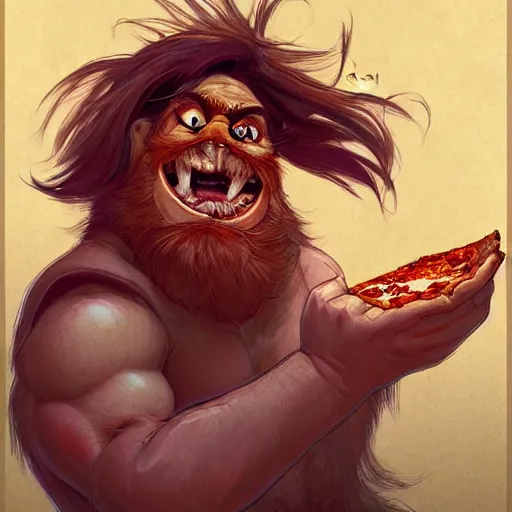 Prompt: portrait of gritty opening his mouth to eat pizza, also smashing pizza with his fists, highly detailed, digital painting, artstation, concept art, sharp focus, illustration, art by artgerm and greg rutkowski and alphonse mucha