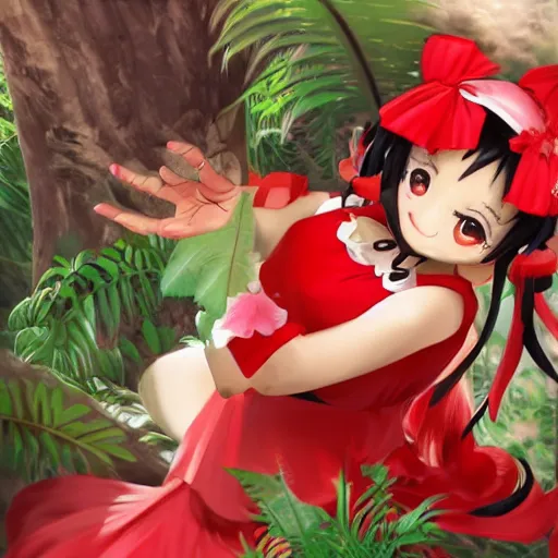 Image similar to a imaginefx of reimu in the jungle wearing bonnet