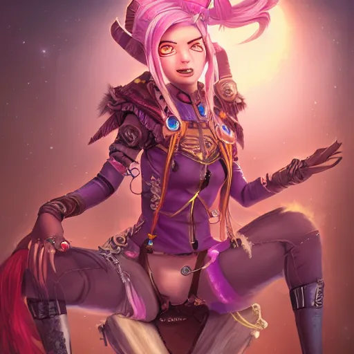 Image similar to jinx from arcane sitting on a bridge seeing hallucinations of ragnarok, artstation, steampunk style