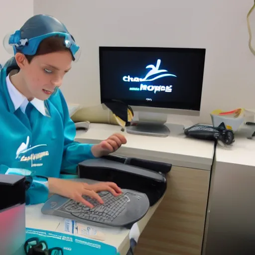 Image similar to A dolphin wearing a chemist outfit playing games on a computer