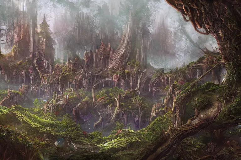 Image similar to mystical elven city in a forest glade, highly detailed, d & d, fantasy, highly detailed, digital painting, trending on artstation, concept art, sharp focus, illustration