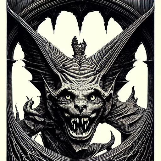 Image similar to portrait soft light, by bernie wrightson and joe fenton, inspired by gothic victorian gargoyle, etching, fine, sharp high detail, duotone screen print,