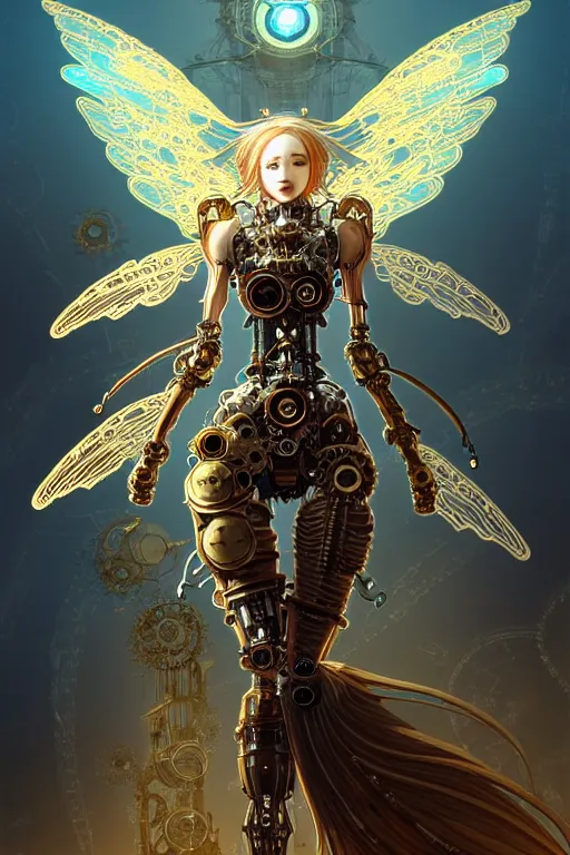 Prompt: character portrait of a steampunk robotic angel, female looking, floating gears aurora, intricate, complex, ornamental, huge wings, metal body, golden eyes, metropolis background, science fantasy, high fantasy, by Akihiko Yoshida, James_Jean_Andrei_Riabovitchev_Marc_Simonetti, Yoshitaka Amano, digital illustration, artstation, 4k