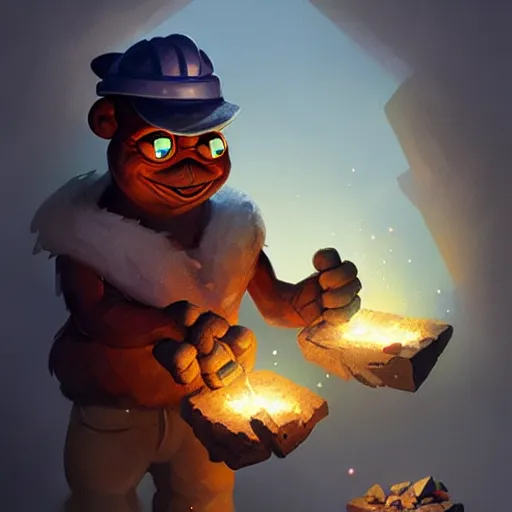 Prompt: pepe the miner with crystals, greg rutkowski, crystals