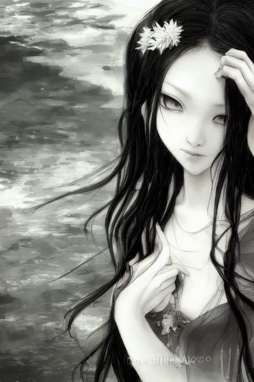 Prompt: a portrait of a character in a scenic environment by Yoshitaka Amano, black and white, dreamy, dark eyes, wavy long black hair, highly detailed