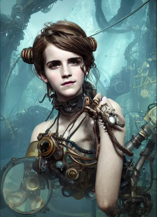 Image similar to underwater steampunk biopunk portrait of emma watson, au naturel, hyper detailed, digital art, trending in artstation, cinematic lighting, studio quality, smooth render, unreal engine 5 rendered, octane rendered, art style by klimt and nixeu and ian sprigger and wlop and krenz cushart.