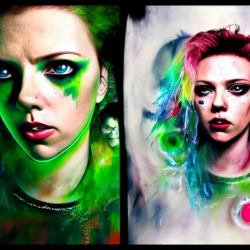 Image similar to drunken scarlett johansson as delirium from sandman, ( hallucinating colorful soap bubbles ), by jeremy mann, by sandra chevrier, by dave mckean and richard avedon and maciej kuciara, punk rock, tank girl, high detailed, one green eye and one blue eye, 8 k