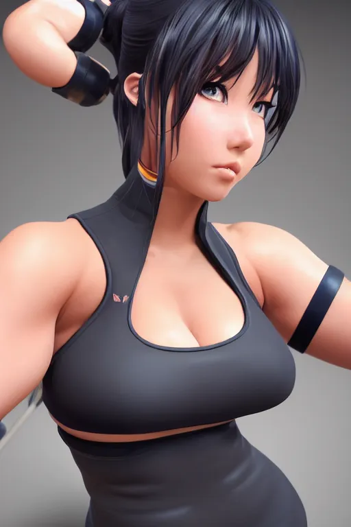 Image similar to photorealistic 3 d render of of an impossibly curvy anime girl wearing a gym outfit, by artgerm and earl norem, featured on pixiv, booru, exaggerated proportions, high resolution digital art, 4 k, beautiful symmetric face, subsurface scattering, volumetric lighting, realistic skin texture