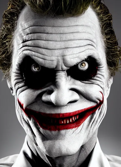 Image similar to photo of Willem Dafoe as the Joker by David Lachappelle, big smile, head shot, detailed, award winning, Sony a7R