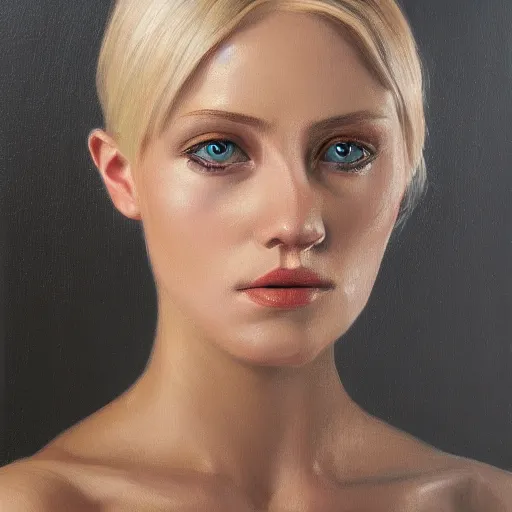 Image similar to a symmetrical portrait of a blonde woman with strong features, oil painting, pale colors, high detail, 8 k, wide angle, trending on artstation,