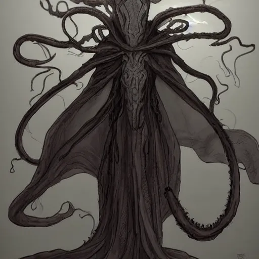 Image similar to concept designs for an ethereal ghostly wraith like figure with a squid like parasite latched onto its head and long tentacle arms that flow lazily but gracefully at its sides like a cloak while it floats around a frozen rocky tundra in the snow searching for lost souls and that hides amongst the shadows in the trees, this character has hydrokinesis and electrokinesis for the resident evil village video game franchise with inspiration from the franchise Bloodborne and the mind flayer from stranger things on netflix in the style of a marvel comic