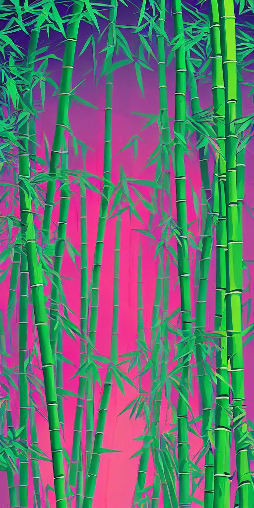 Prompt: cursed multicolored green bamboo forest, tom whalen, james gilleard, liam brazier, tristan eaton