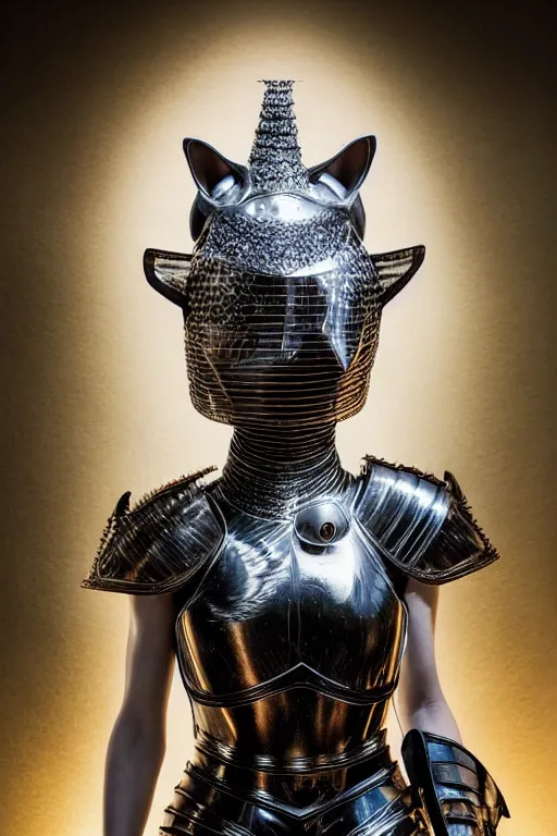 Image similar to female knight wearing a real cat on her head, armor designed by wayne barlowe, swarovski and tiffany, blonde hair, symmetry, sci - fi, cinematic, elegant, luxury, perfect light, perfect composition, dlsr photography, sharp focus, dark fantasy, 8 k, ultra hd, sense of awe, highly detailed, realistic, intricate