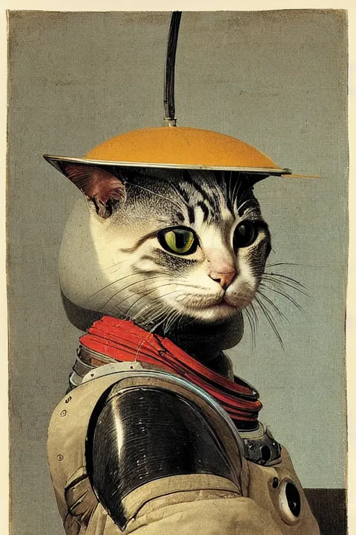 Prompt: portrait of a cat astronaut with japanse samurai helmets, by canaletto