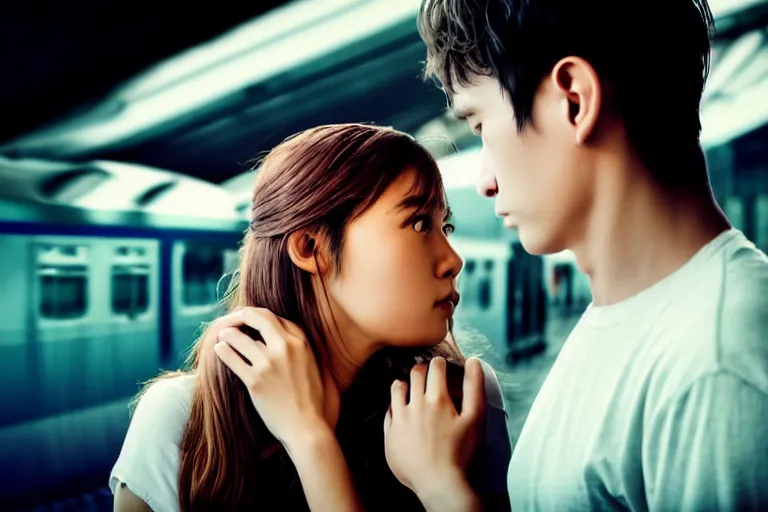 Image similar to vfx movie closeup couple in a train station flat color profile low - key lighting award winning photography cinematography, beautiful natural skin, atmospheric cool color - grade