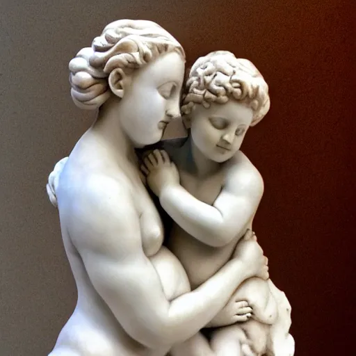 Image similar to sculpture of venus de milo and aphrodite hugging each other, hyperrealistic style in carrara marble