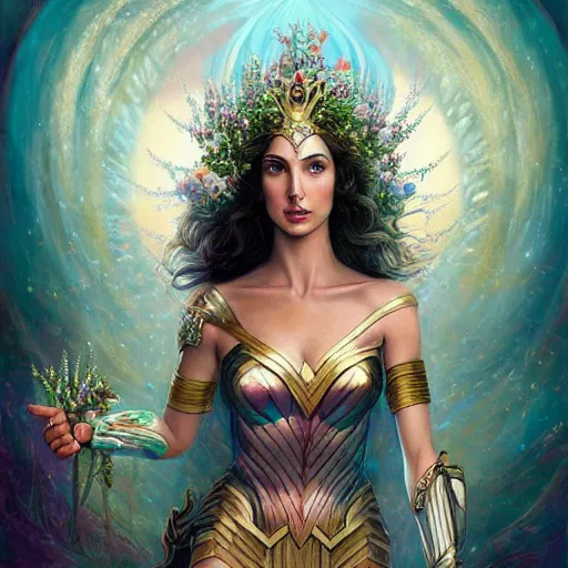 Image similar to full body fine art photo of the beauty goddess gal gadot, she has a crown of mesmerizing flowers, she is arriving heaven, by peter mohrbacher