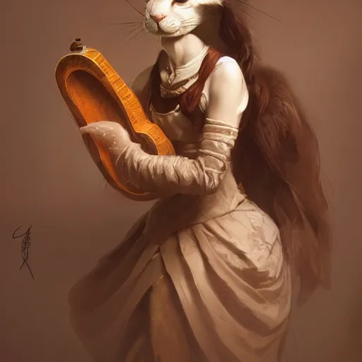 Prompt: A beautiful anthropomorphic rabbit woman in a dress plays the lute, artstation, highly detailed, greg rutkowski