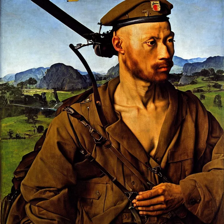 Prompt: portrait of an us soldier, vietnam war, majestic, posing in a helicopter, fine art portrait painting, strong light, clair obscur, by albrecht durer, by caravaggio