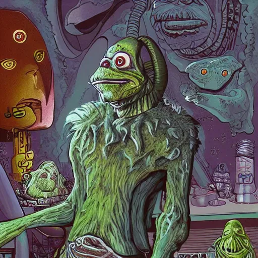 Image similar to extraterrestrial crime bazaar on another planet, Jim Henson creature shop, highly detailed, illustration