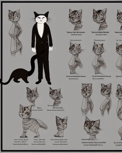 Prompt: fancy cat, a character model reference sheet