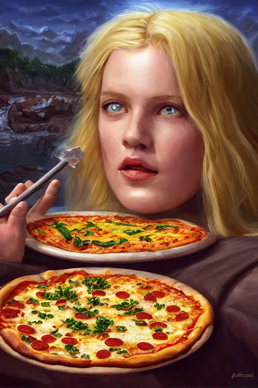 Image similar to a full body high detail fantasy portrait oil painting illustration of baked beans and pizza by justin sweet with face and body clearly visible, in a scenic background, pretty eyes, realistic proportions, d & d, rpg, forgotten realms, artstation trending, high quality, sombre mood, artstation trending, muted colours, entire person visible!