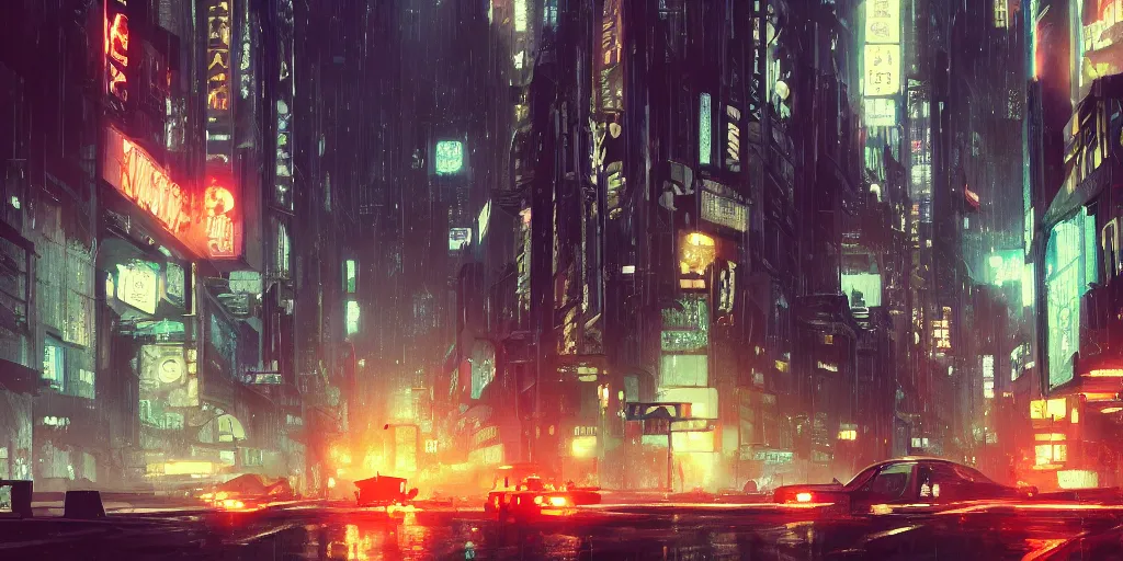 Image similar to bladerunner city, Makoto Shinkai, filmed, flying cars, raining, night, trending on ArtStation, oppressive lighting, trending on artstation, very detailed