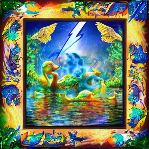 Image similar to lightning mythical creatures vortex duck pond fantasy