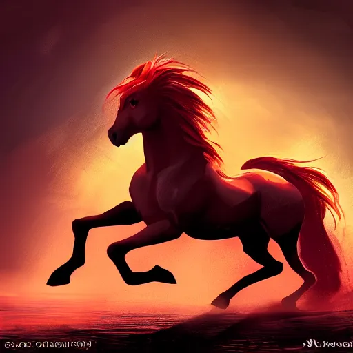 Prompt: a beautiful crimson horse, running, dramatic lighting, golden hour, in the style of dnd concept art