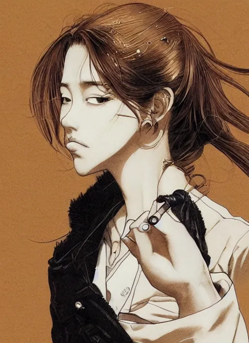 Prompt: portrait of a beautiful girl smoking a cigarette, by takehiko inoue and kim jung gi and hiroya oku, masterpiece illustration, ultrarealistic!!!!, perfect face and anatomy!!!!!, golden ratio!!!