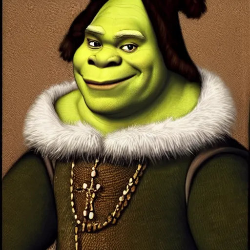 Image similar to shrek, tudor portrait, highly detailed,