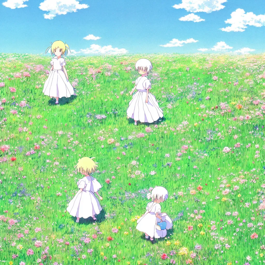 Image similar to little girl in princess dress, walking through a field of flowers, puffy clouds, beautiful, summer, calm, studio ghibli, art by hayao miyazaki, makoto shinkai