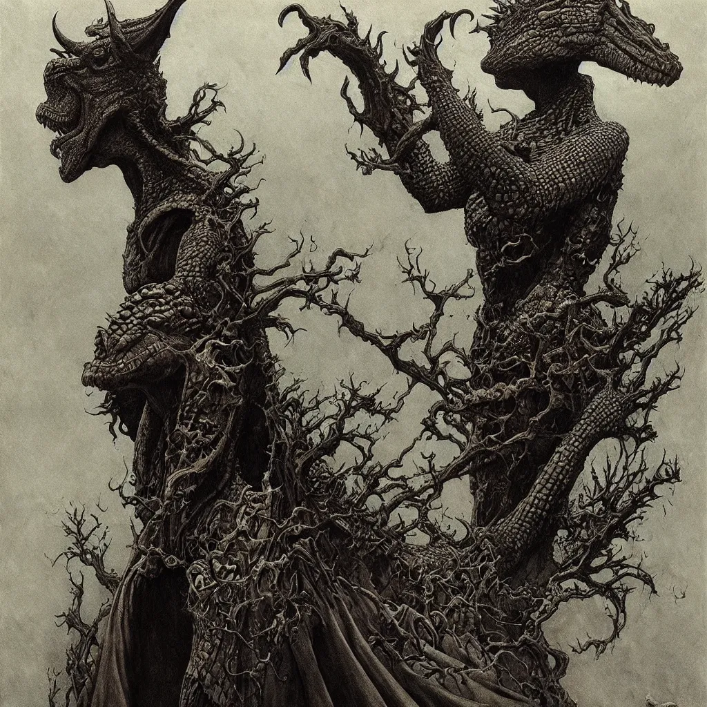 Image similar to A detailed horned crocodilewoman stands among the cosmos. Wearing a ripped mantle, robe. Perfect faces, extremely high details, realistic, fantasy art, solo, masterpiece, art by Zdzisław Beksiński, Arthur Rackham, Dariusz Zawadzki