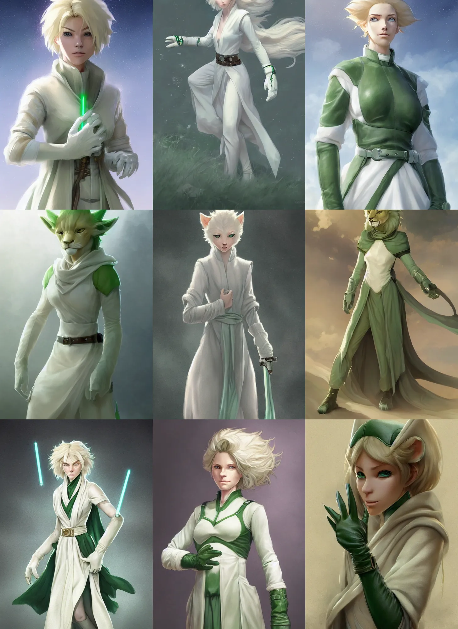 Prompt: beautiful portrait of a female anthropomorphic pale lioness fursona wearing pale - white and pale - green jedi robes. leather gloves. leather boots. character design by charlie bowater, ross tran, artgerm, and makoto shinkai, detailed, soft lighting, rendered in octane