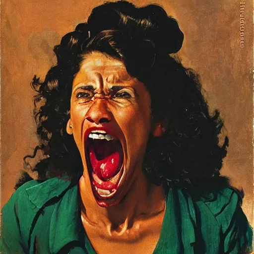 Image similar to head and shoulders portrait of brown woman, fierce, shouting, snarling, fully clothed, three quarter profile, norman rockwell, jacob collins, tom lovell, frank schoonover