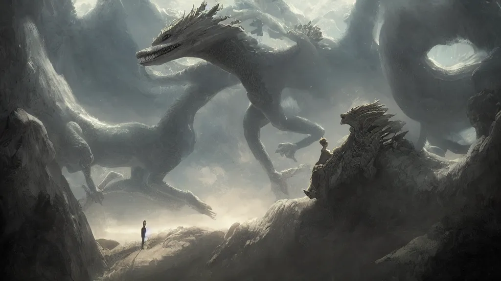 Image similar to view while riding falcor the long - bodied luck dragon flying through the nothing. the neverending story movie. greg rutkowski. melancholy undertones. deviantart. artstation. 3 8 4 0. 2 1 6 0.