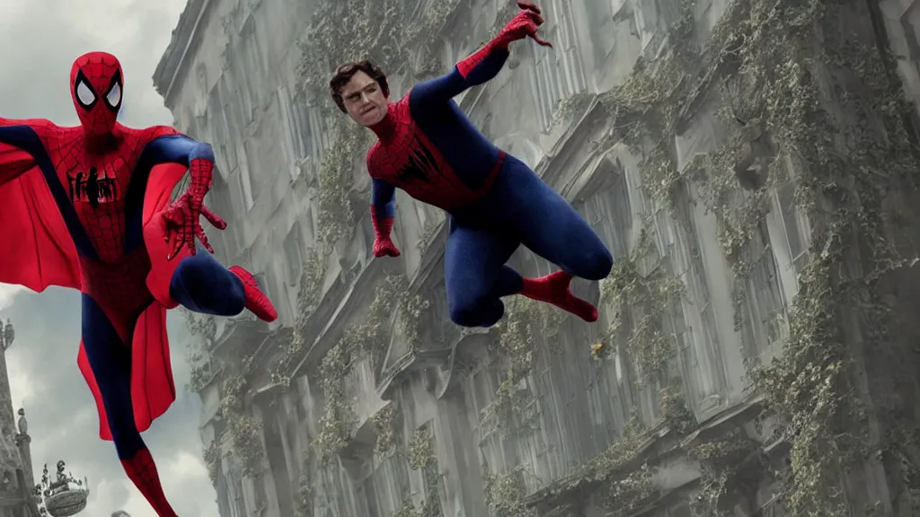 Image similar to victorian era spiderman wearing a cape in the new pride & prejudice movie, movie still realistic, 8 k