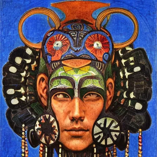 Image similar to head of a beautiful machine shaman wearing a mask made of enamelled flowers, by annie swynnerton and jean delville and john watkiss and rufino tamayo and diego rivera, art deco shaman, stylized geometric flowers, art brut, symbolist, dramatic lighting, god rays, clean crisp graphics, smooth sharp focus, extremely detailed, adolf wolfli
