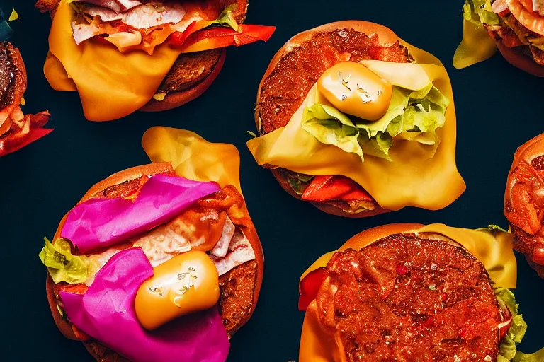 Image similar to product photography of delicious stunning greasy kaleidoscopic burger