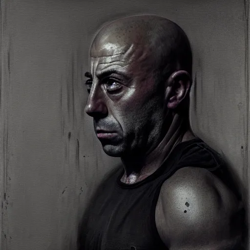 Image similar to a portrait of joe rogan, hyper realistic, octane render, by barlowe. masterpiece portrait painting. dark, moody,, abstract brush strokes,.