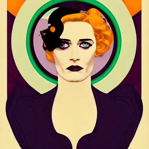 Image similar to Eva Green is Super Spy Captain, the Electric Woman, Art by Coles Phillips and Joshua Middleton, Chalk white skin, deep purple hair, Green eyes, Orange background, Mucha, Portrait of the actress, Eva Green as Metamorpho, carbon black and antique gold