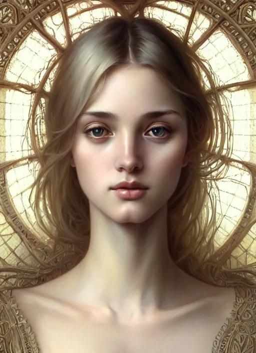 Prompt: beautiful symmetrical face! portrait of young woman blessed with ever - increasing physical and mental perfection, realism, blonde hair, perfect face!! intricate, elegant, highly detailed, vision of holy perfection!! digital painting, artstation, concept art, smooth, sharp focus, illustration, humanity, art by artgerm and greg rutkowski and alphonse mucha