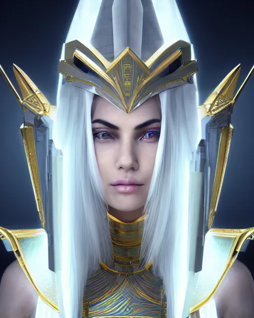 Image similar to perfect white haired attractive egyptian goddess, warframe armor, pharaoh headdress, beautiful, symmetric, dreamy, half asian, pretty face, green eyes, charlize theron, detailed, scifi platform, laboratory, experiment, 4 k, ultra realistic, epic lighting, android body, illuminated, cinematic, masterpiece, art by akihito tsukushi, voidstar