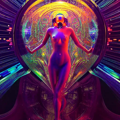 Image similar to trippy female machine droid bathing in ocean waves of glossy liquid stardust flowing like psychedelic plasma, lsd waves, lsd ripples, backlit, dramatic, refracted lighting, volumetric lighting, 8 k octane beautifully detailed render, post - processing, extremely hyper - detailed, intricate, epic composition, cinematic lighting, scifi art by alphonse mucha